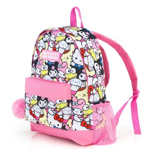 Image of Hello Kitty and Friends Girls School Backpack | Teens and Kids Travel Rucksack with Fluffy Charms | Sanrio Gifts Cute Anime Bag
