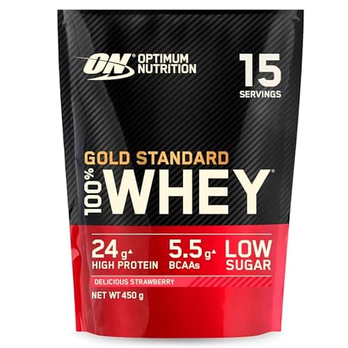 Image of Optimum Nutrition Gold Standard 100% Whey Muscle Building and Recovery Protein Powder With Naturally Occurring Glutamine and BCAA Amino Acids, Delicious Strawberry Flavour, 15 Servings, 450 g