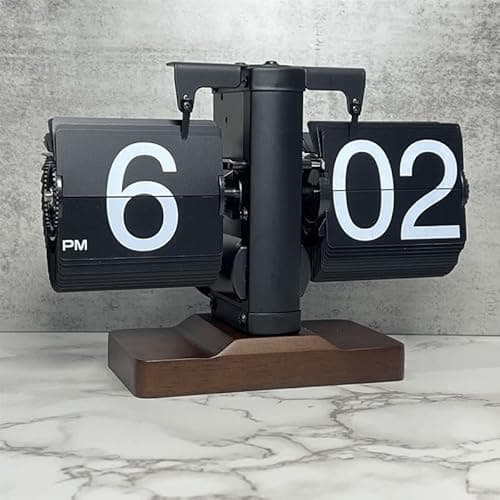 Image of Topiky Flip Desk Clock, Retro Vintage Mechanical Flip Desk Table Clock, Black Walnut Base, Battery Powered Internal Gear Operated Clock, For Living Room, Study Room and Office (Black)