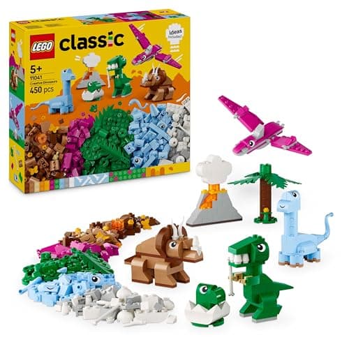 Image of LEGO Classic Creative Dinosaurs Set, Building Toys for Kids, Assorted Bricks for Imaginative Play, Includes T. Rex, and Triceratops Dino Figures, Birthday Gift for 5 Plus Year Old Boys and Girls 11041