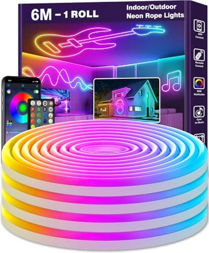 Image of NUERPO LED 6M Neon Rope Lights, Flexible LED Cord Lights Controlled with App/Remote, IP65 Outdoor RGBWaterproof, Music Sync Led Neon Light Strip for Bedroom Decoration