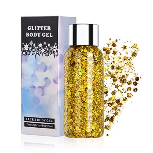 Image of URAQT Holographic Mermaid Sequins Chunky Cosmetic Glitter Face and Body Gel, Sparkling Festival Party Lotion Glitter for Face, Body, Eye, Hair, Nail Makeup and DIY Art (Gold)