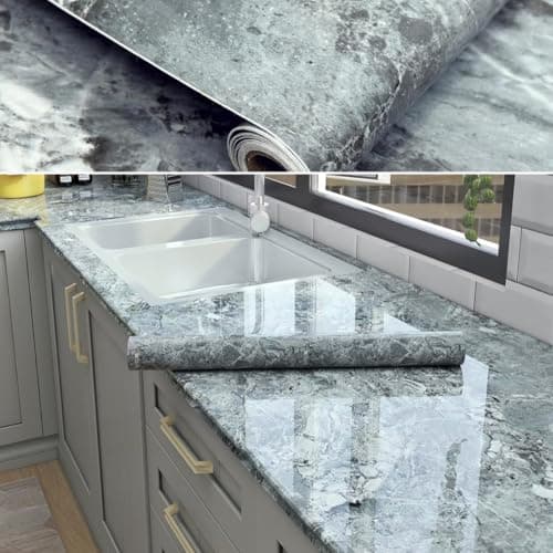 Image of 70cm×3m, Glossy Marble Sticky Back Plastic Roll, Grey Marble Vinyl Wrap for Kitchen Worktop, Heat-Resistant Durable Worktop Vinyl Covering, Contact Paper Self Adhesive Furniture Stickers