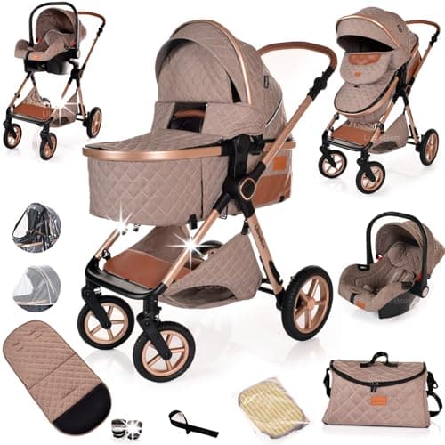 Image of Baby Buggy Pram Pushchair Stroller 3 in 1 Child Lightweight Folding Stroller 3 in 1 Travel System Pram for Newborns & Toddlers from Birth Aluminum (Beige - Rose Gold Frame)