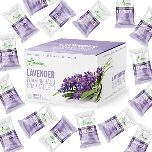 Image of 18 Pack Natural Foaming Hand Soap Tablets - Soft Moisturizing Handwash Tab Refills - 1 Tablet = 9 Oz Refillable Liquid Wash Foam Handsoap - Eco-Friendly Paper Softsoap Refill Tabs (Lavender)