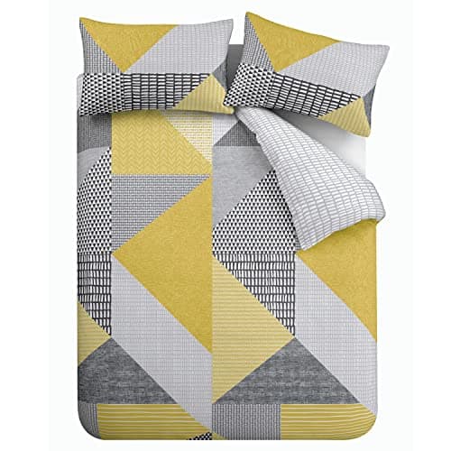 Image of Catherine Lansfield Larsson Geo Reversible Single Duvet Cover Set with Pillowcase Ochre Yellow