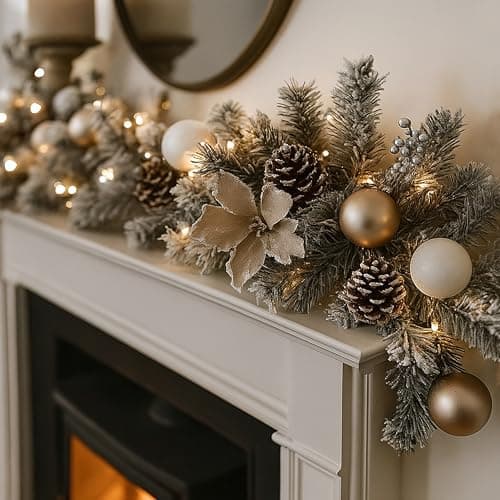 Image of Marco Paul 6ft Luxury Silver Pre Lit Christmas Garland with Warm White LED Lights - 180cm Battery Powered Frosted Xmas Garland for Fireplace, Mantel & Stairs - Indoor Christmas Decorations