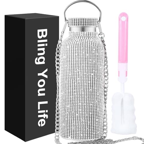 Image of Bling Water Bottle Rhinestone,Diamond Cup,Glitter Stainless Steel Thermal Bottle with 55In Chain,Sparkly Gifts for Girls Women,Rhinestone Tumbler for Anniversary,Birthday (Silver)