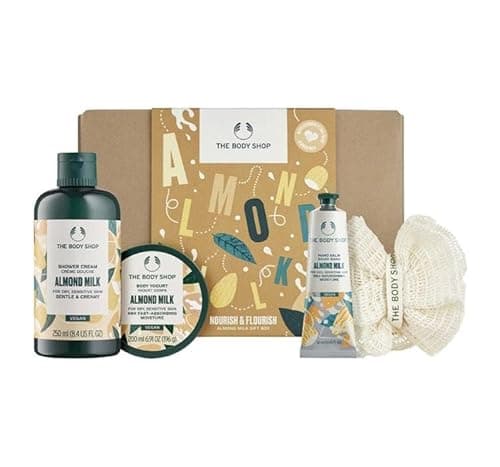 Image of The Body Shop Almond Milk & Honey Gift Set - Skin Care Set with Shower Cream, Body Yogurt, Hand Balm & Sponge - Vegan, for Sensitive Skin