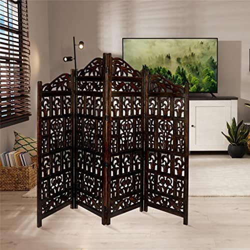 Image of Topfurnishing 4 Panel Room Divider Free Standing Mango Wood Hand Carved Folding Screen Partition Privacy Screen Decorative Headboard (Gamla Design, Dark Brown, 200 x 180 cm)