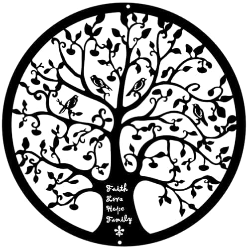 Image of ESTART 28CM Tree of Life Wall Art Family Tree Wall Plaque Metal Wall Decor Sculptures for Balcony Porch Bedroom Living Room Kitchen Garden Office Indoor Outdoorr (Black)