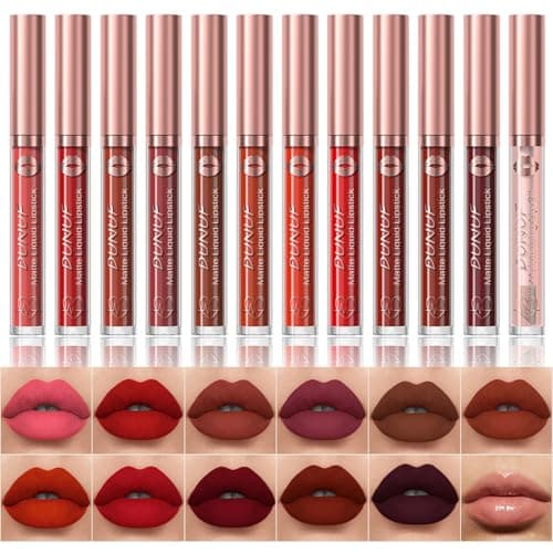 Image of 12 Colors Matte Liquid Lipstick Set Velvety Lip Gloss Lip Kit Waterproof Long Lasting Wear Nude Lip Gloss Beauty Cosmetics Gift Box Set (Colour, # New 02)