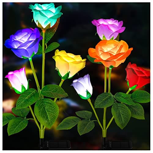 Image of DooYard Solar Garden Lights 4 Pack - Upgraded Version Outdoor Light, 7-Color Changing Rose Lights for Yard, Garden Decoration, Enlarged Solar Panel, More Realistic Rose Flower (4 Pack)