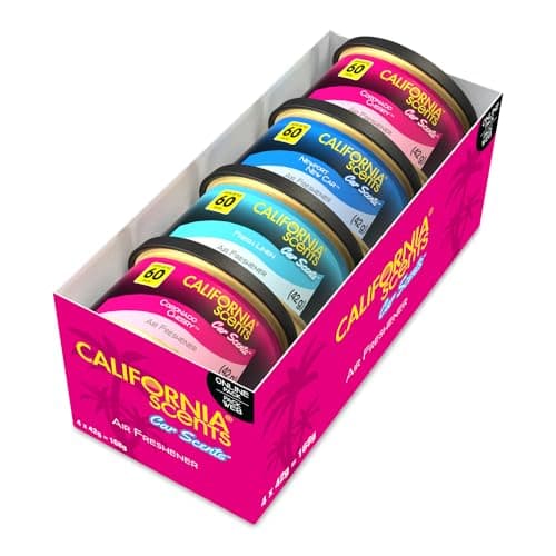 Image of California Scents Car Air Fresheners Can, Assorted Scents (Fresh Linen, Coronado Cherry, Newport New Car), Pack of 4, Strong Adjustable Long-Lasting Fragrance, Eliminates Odour