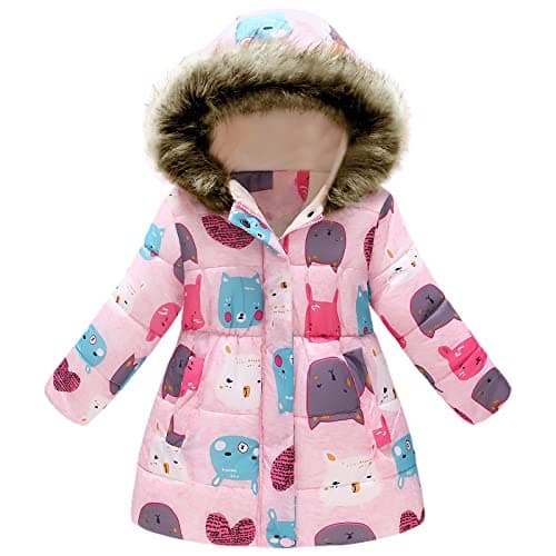 Image of amropi Girls Winter Coat Floral Hooded Jacket with Faux Fur Warm Parka Padded Overcoat 9-10 Years, Pink Cartoon