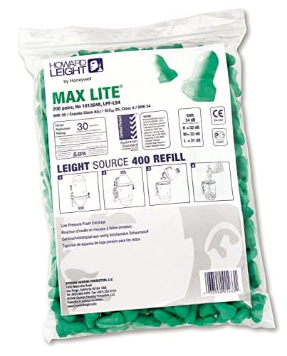 Image of Howard Leight Maximum Lite Single-Use Foam Earplugs Refill Pack, Polyurethane Foam, SNR 38 dB, Green Colour, T-Shaped, Uncorded, 1013048 (Refill Zip Top Bag of 200 Pairs)