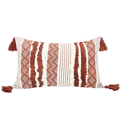 Image of LIGICKY Decorative Boho Lumbar Pillow Covers, Red and White, 30 x 50 cm, Neutral Accent Rectangle Throw Pillow Covers, Hand-Woven Tufted Tassel Farmhouse Pillowcase for Couch Sofa Bed Living Room