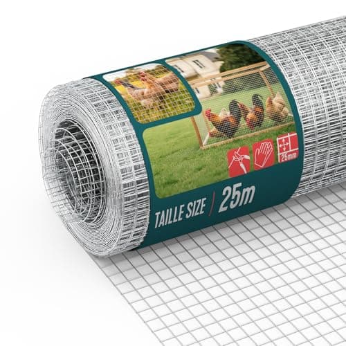 Image of VOUNOT® Galvanised Welded Wire Mesh Roll 1 x 25m, 25mm Mesh, 1mm Wire Thickness, Metal Garden Fencing for Small Animals, Poultry, Chicken Coop, Grey