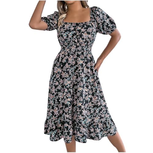 Image of Zeiayuas Summer Dresses for Women UK Floral Boho Midi Dress Casual Tunic Off Shoulder Dress Short Sleeve Square Neck Milkmaid Dress Flower A-line Dress Baggy Beach Long Dress Sundress Black