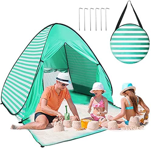 Image of Pop Up Beach Tent Shelters & Gazebos for Kids 2-3 Person Automatic Instant Beach Tent Windbreaker Camping Outdoor Baby Tent Fishing Sun Shelters for Family, Fishing, Picnic (Green stripes（curtain）)