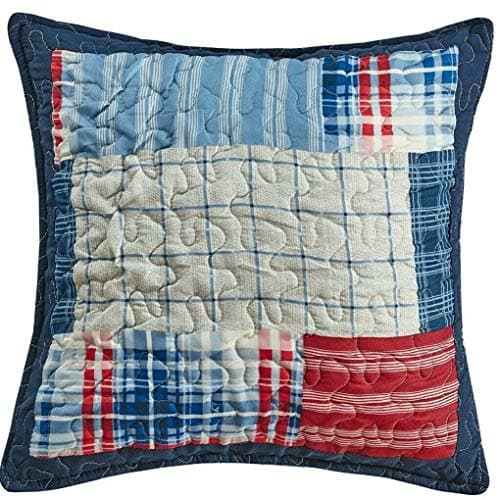 Image of PHP Patchwork Cushion Cover Box Pattern Reversible Quilted Sofa Bed Throw for Living Room Bedroom Decor - Cushions Cover 43 x 43 cm Denim Red