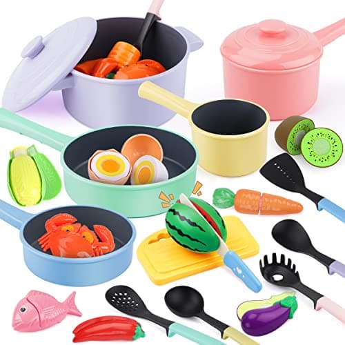 Image of GILOBABY Kids Toy Kitchen Accessories, A Complete Playset with Play Food, Pots, Pans, Fruits & Vegetables, Realistic Cooking Role Play Gift for Boys Girls 3+