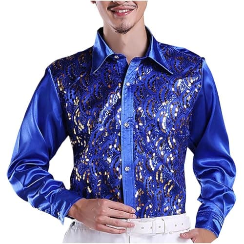 Image of Mne's Dress Shirts Sequins Long Sleeve Shiny Disco Shirts Regular Fit Button Down Sparkle Nightclub Dance Tops Metallic Gold Shirt Men 70s Party Costume