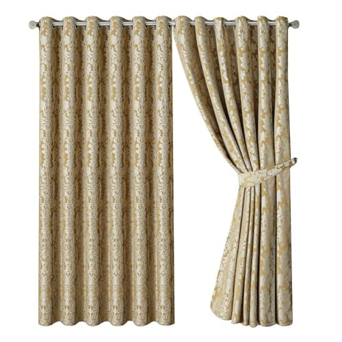 Image of OpulentDreams Jacquard Curtains - Heavy Ring Top Window Curtains for Bedroom & Living Room - Fully Lined - Includes Two Tie Backs - Pair of Panels (Gold - Eyelet, 90" x 90" (228 x 228 cm))