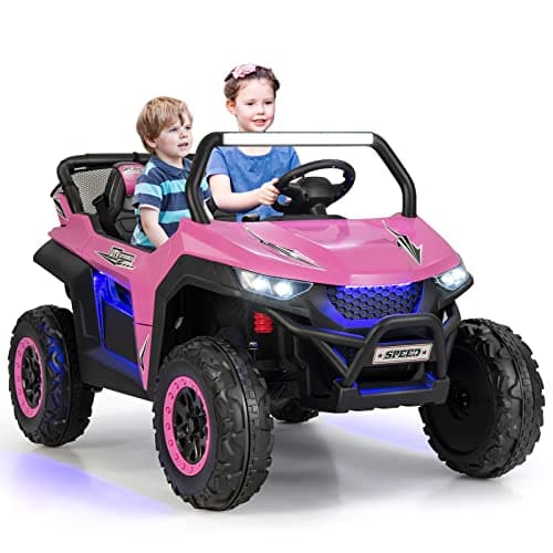 Image of GYMAX Kids Electric UTV, 2-Seater 12V Battery Powered Toy Car with Remote Control, Lights, Bluetooth, MP3, USB, FM, High/Low Speed & Suspension Spring, Children Ride on Car for 3-8 Years Old (Pink)