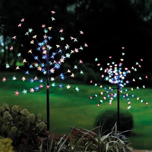Image of Coopers of Stortford - 120cm Solar Flowering Tree with 100 Multi-Coloured LED Blossoms - Outdoor Garden Light with Metal Stake and Solar Panel, Auto On at Dusk