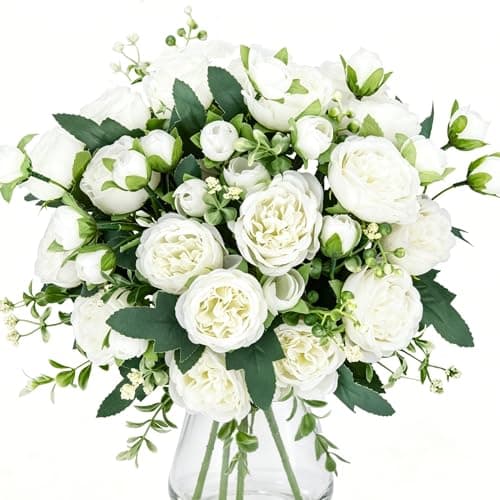 Image of Woltoy 4 Pcs Artificial Flowers White Fake Flowers Long-Lasting Artificial Peonies for Outdoor & Indoor Decor, Stunning Table Centrepiece or Wedding, Home Decoration Arrangement