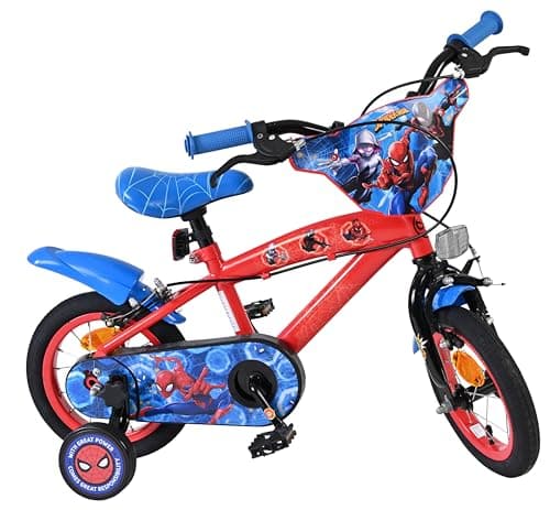 Image of Volare Marvel Spider-Man Kids Bike | Ages 3-5 | 12 Inch Wheel | 2 Handbrakes (Front & Back Wheel), Removable Stabilisers, Chain Guard & Pedal Reflectors | Adjustable Saddle Height | Girls & Boys Gift