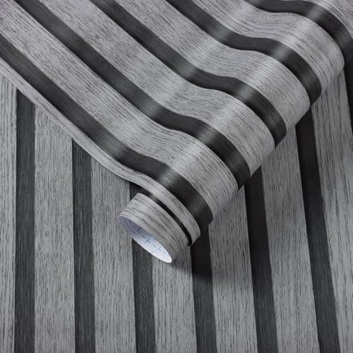 Image of Fiula Wood Slat Wallpaper, 44 x 300cm Dark Grey & Black Peel and Stick Self Adhesive Textured Wallpaper, Waterproof & Removable Wall Covering for Kitchen, Bedroom & Office