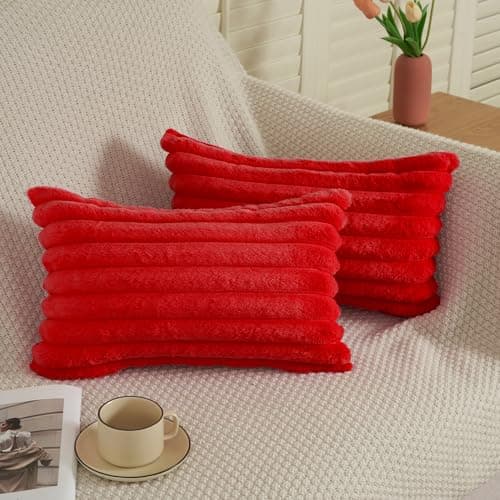 Image of EASE LEAP Red Christmas Cushion Covers 30cm x 50cm Fluffy Faux Fur Set of 2 Throw Pillow Covers Soft Plush Pillowcases for Sofa Bed Modern Style Home Decor Fluffy Striped Cushion Cover 12x20 Inches