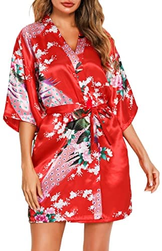 Image of Vlazom Women Kimono Robes Satin Dressing Gown Peacock and Blossoms Nightwear Short Silk Bride Bridesmaid Robe Red,M