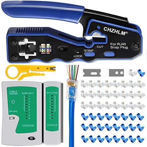 Image of CHZHLM RJ45 Crimping Tool Kit Pass Through Crimper Stripper Cutter All-in-One for Cat5 Cat6 Pass Through Connector with Cable Tester 50Pcs Connectors 50Pcs Covers Mini Stripper