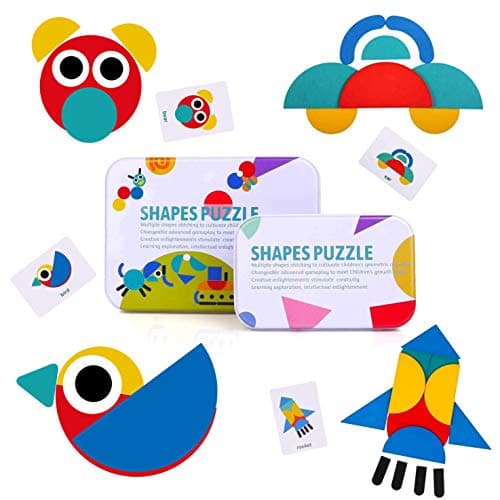 Image of BBLIKE Tangram Puzzles for Kids - Wooden Puzzle Toys for 2 3 Year Olds Toddlers 36 Pcs Shape jigsaws + 60 Pcs Image Cards, Montessori Educational Learning for Girls Boys children Birthday Gift Present