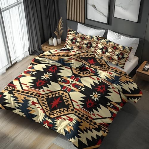 Image of King Size Duvet Cover Sets Aztec Tribal, Reversible King Size Bedding Sets Native American Pattern for Bedroom Decor, Soft Microfibre Quilt Cover, 2 Pillowcases, Zip HD128