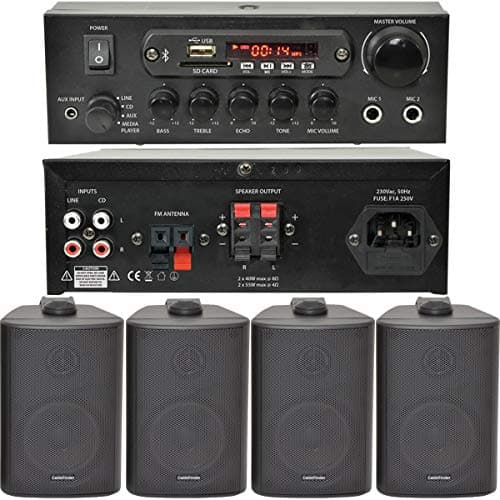 Image of Office/Shop Bluetooth Music System | SMART HOME Stereo Amp | 4x 3" 60W Black Wall Mounted Speakers & 110W HiFi Amp | Wireless Background Music Player Kit | Echo/Alexa | CD player FM Radio Receiver