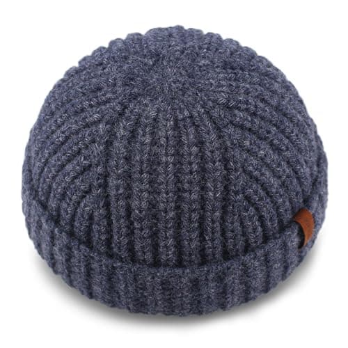 Image of KNITDAY Chunky Wool Fisherman Short Beanie Hats Skull Cap for Men, Mens Thick Skater Streetwear Fishermans Beanie Warm Winter Knit Daily Hat (Navy Blue)