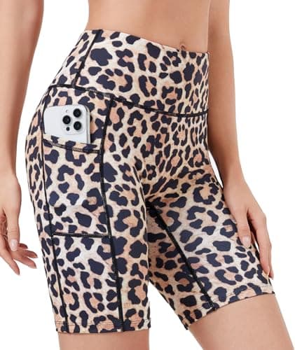 Image of SIMIYA Cycling Shorts Women High Waist Tummy Control Short Leggings with Pockets Soft Comfort Pants Stretch Tights for Running Gym Yoga Leopard M