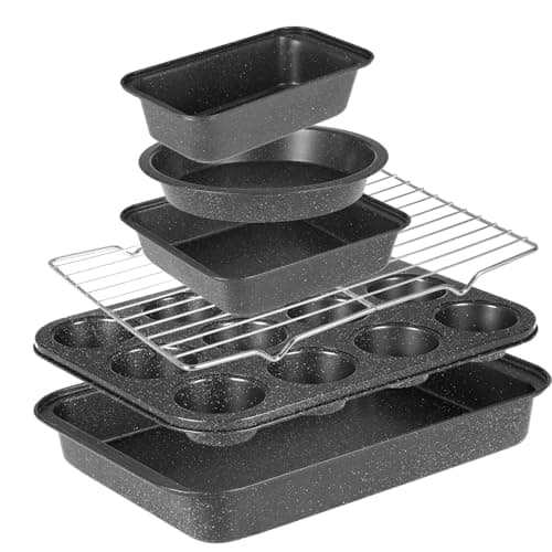 Image of 6 Pieces Baking Pans Set, Nonstick Bakeware Sets, Baking Supplies Includes Cake Pan 9 Inch Round, Muffin Pan, Square Baking Pan, Loaf Pan, Roaster Pan and Wire Rack