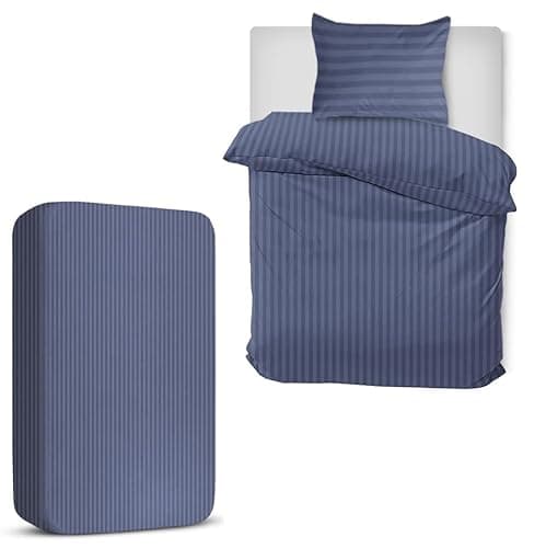 Image of MOONLIGHT20015 Single Duvet Cover Set 3 Piece Satin Stripe Duvet Covers Soft Brushed Microfiber Bedding Set with Fitted Sheet & 1 Pillow Case (Washed Blue, 135x200 cm)