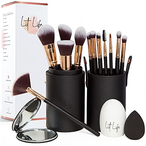 Image of Lit Life Flawless 16-Piece Vegan Makeup Brush Set: 12 Professional Brushes, Makeup Organiser/Travel Case, Beauty Blender, Brush Cleaner, Compact Mirror & Gift Box