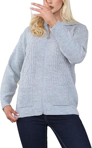 Image of Womens Zipped Cable Knit Long Sleeve Collar Cardigan, Ladies Classic Chunky Winter Knitwear Zip Through Fasten with Pockets Pullover Jumper Top Zipper UK Plus Size 8-22, Silver Grey -8-10