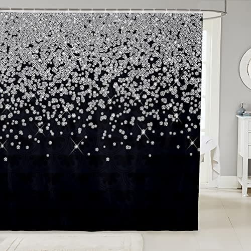 Image of Loussiesd Silver Glitter Shower Curtain (No Glitter) Bling Partyations Black Bathroom Fabric Shower Curtain Set for Kids Teens Diamond Floral Bath Curtain Waterproof Curtains 72x72 Inch