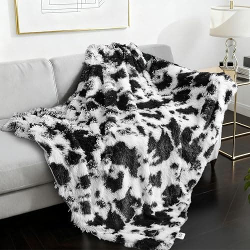 Image of Malloom Luxury Cow Print Shaggy Plush Throw Blanket Faux Fur Blanket Throw Soft Fluffy Warm Comfy Throws Fuzzy Fur Throw for Sofa, Living Room, Office Couch (Black and White, 50''×60''Blanket)