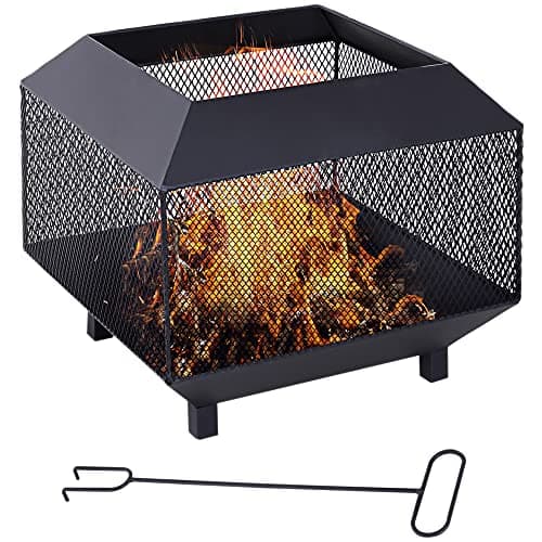 Image of Outsunny Metal Square Fire Pit Outdoor Mesh Firepit Brazier w/Lid, Log Grate, Poker for Backyard, Camping, Bonfire, Wood Burning Stove, 44 x 44 x 40cm, Black