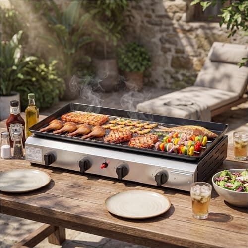 Image of Bonnlo 4 Burner Grill Griddle, 40000BTU Portable Gas BBQ with Non-Stick Griddle, Tabletop Stainless Plancha Barbecue Grill for Camping, Patio Party,Outdoor Picnic