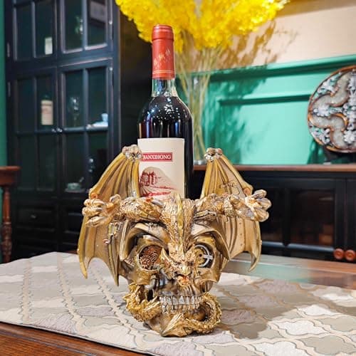 Image of OUTOUR Steampunk Dragon Skull Wine Bottle Holder Gothic Skeleton Wine Rack Statue Home Bar Decor Unique Gift for Men
